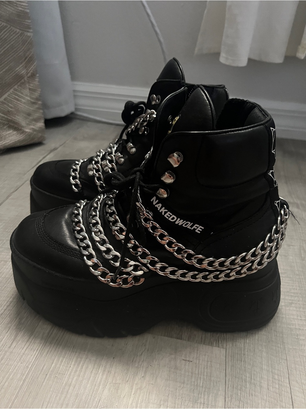 Naked Wolfe Black Leather Combat sneaker platform with Silver Chains size 8.5
